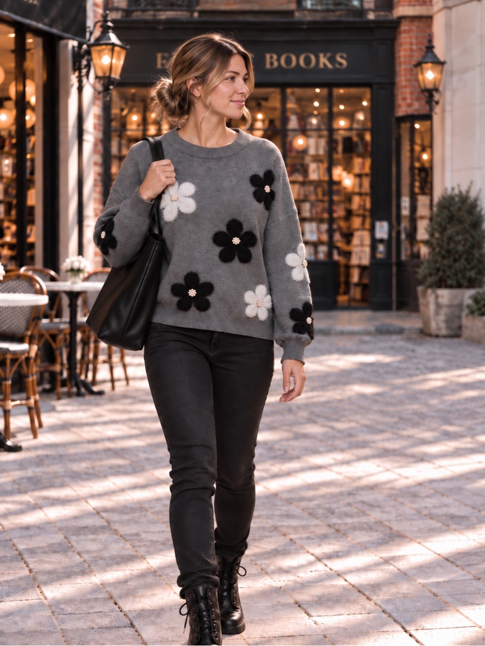 Nanette Lepore Gray Floral Appliqué Pearl Embellished Sweater